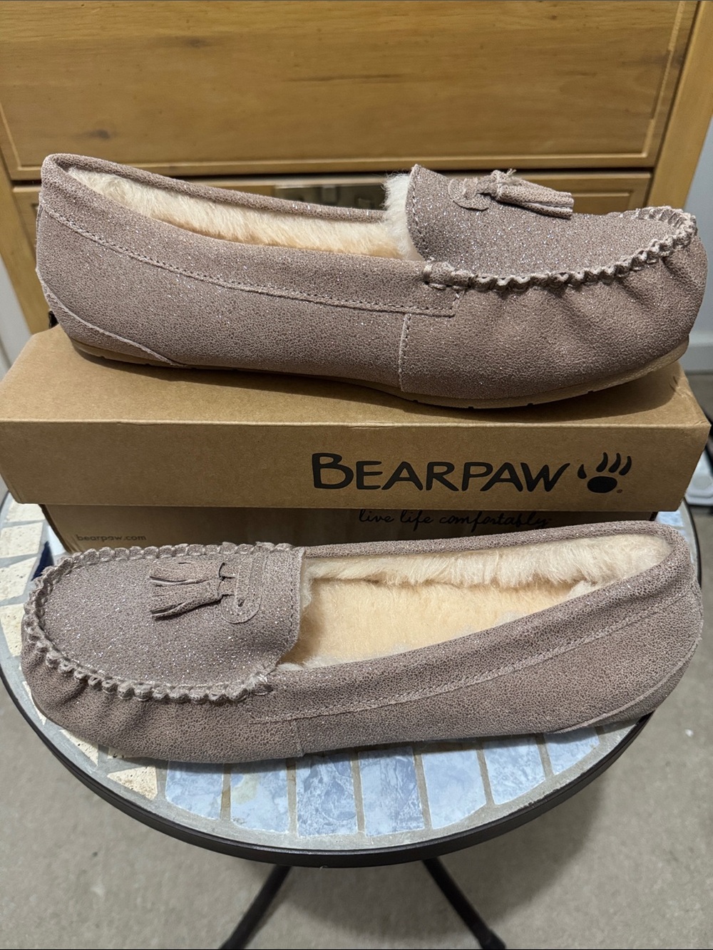 BearPaw Women's Taupe Glitter Tassel Moccasins